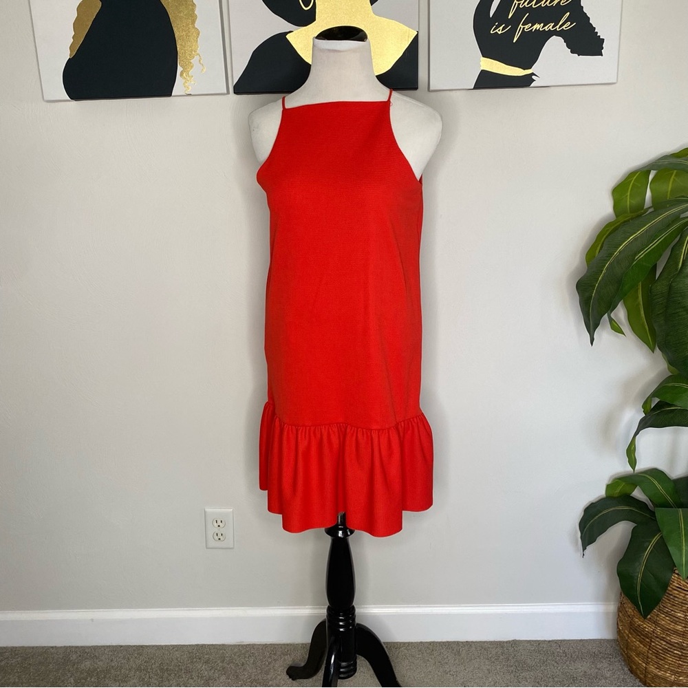 Zara Ruffle Hem Dress Sz M Red Square Neck Texture